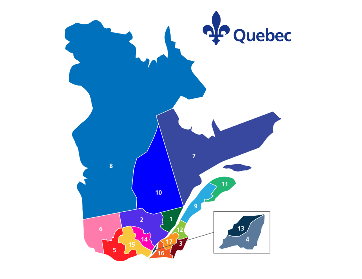 Map of the 17 regions of Quebec