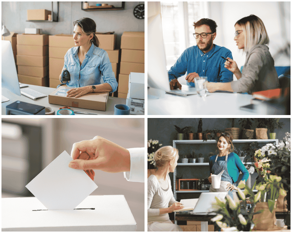 Several scenes from lives of small business owners and a businessperson casting her vote in the ballot box