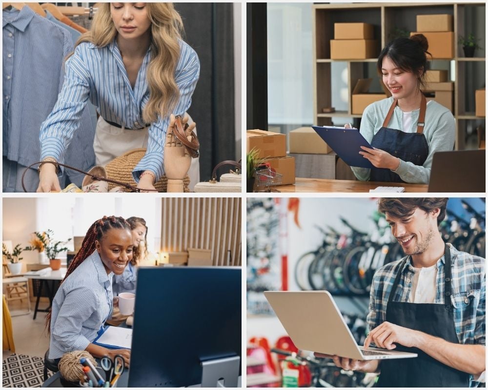 Montage de quatre scènes de petites entreprises : présentation de produits en magasin, prise de notes sur un clipboard près de boîtes empilées, travail à un ordinateur de bureau dans un bureau, et utilisation d’un ordinateur portable dans un magasin avec des vélos en arrière-plan