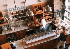 Indoor coffee shop view from above