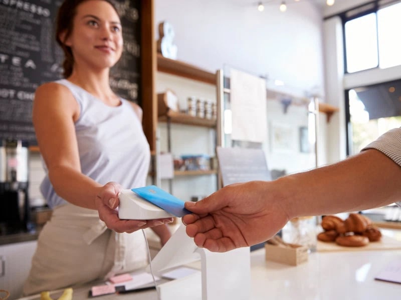 Small business owner accepting a payment in her store