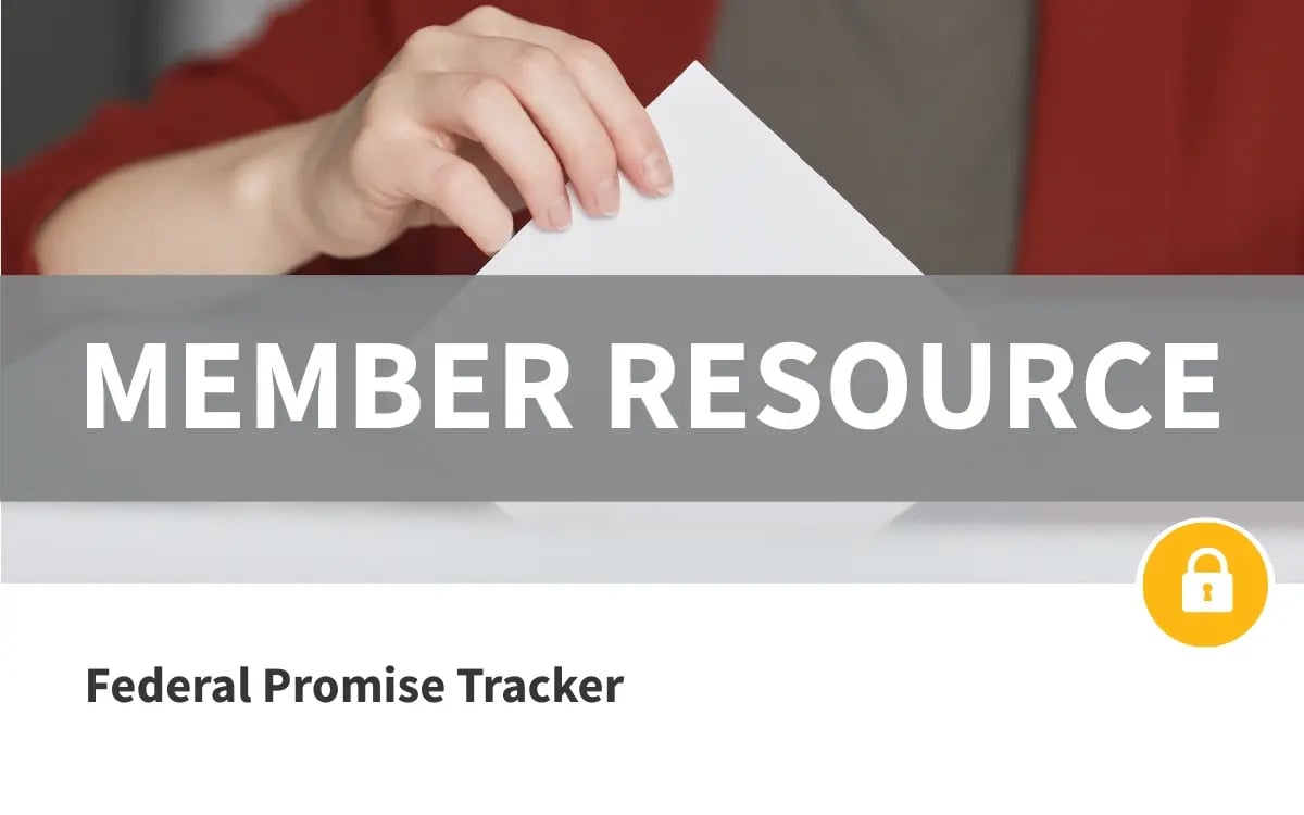 Image of a SME owner casting her vote with the words 'Member Resource' and 'Federal Promise Tracker' written on top of the image