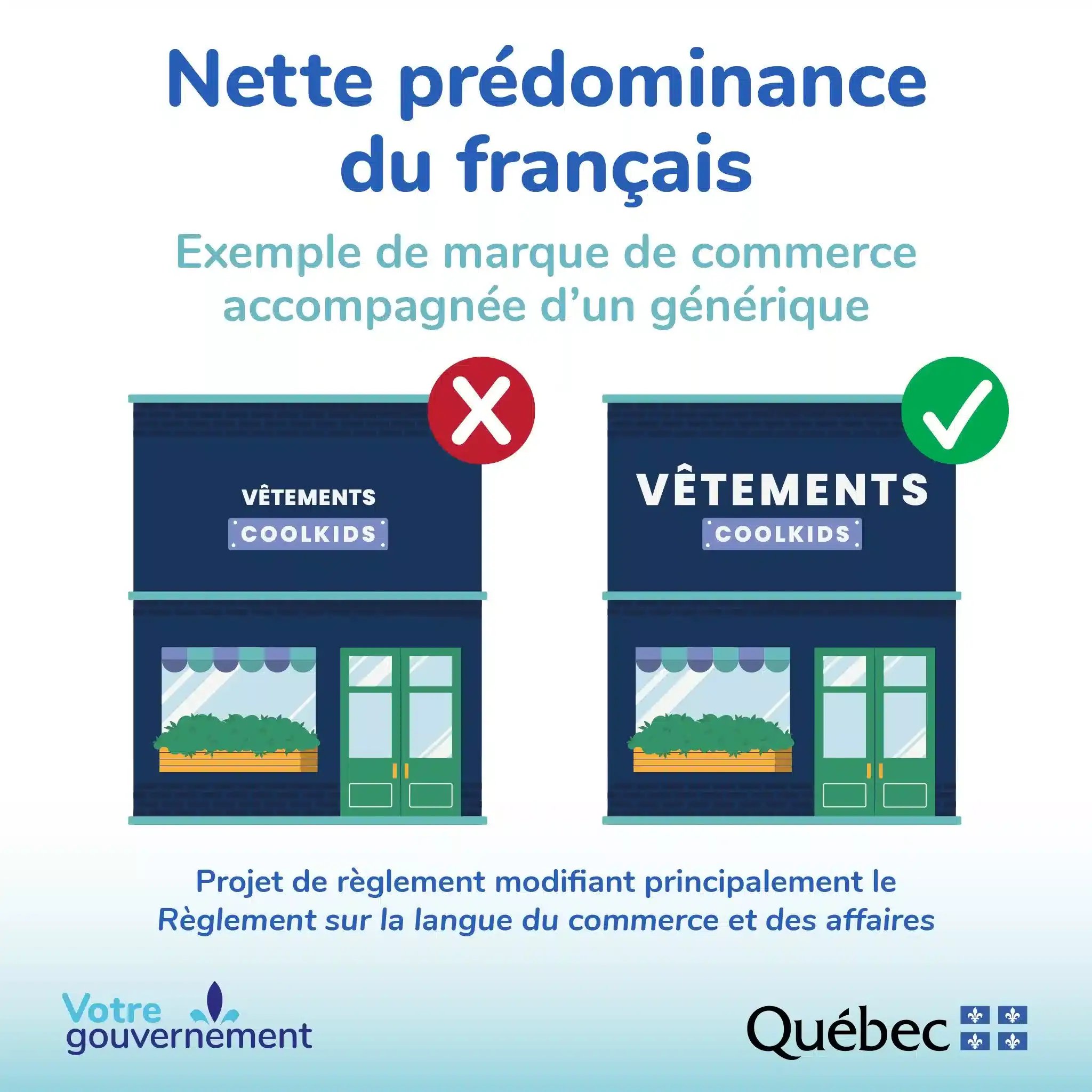 Clear predominance of French - example of a trademark accompanied by a generic (for example, we must enlarge the size of the word ‘CLOTHING’ on the sign of a company, whose name is ‘COOLKIDS CLOTHING’)