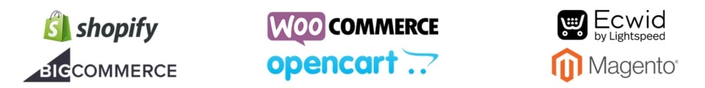 Logos de Shopify, WooCommerce, Ecwid, BigCommerce, OpenCart et Magento