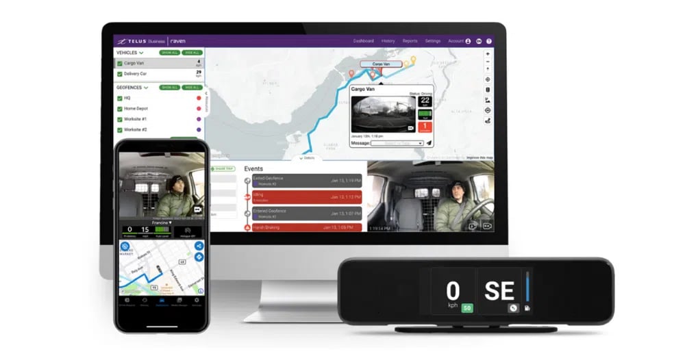 Devices associated with Raven, a TELUS fleet management solution for SMEs