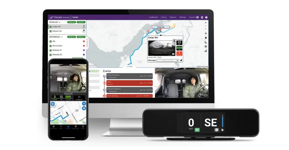 Appareils associés à Raven, une solution de gestion de parcs de véhicules de TELUS pour les PME