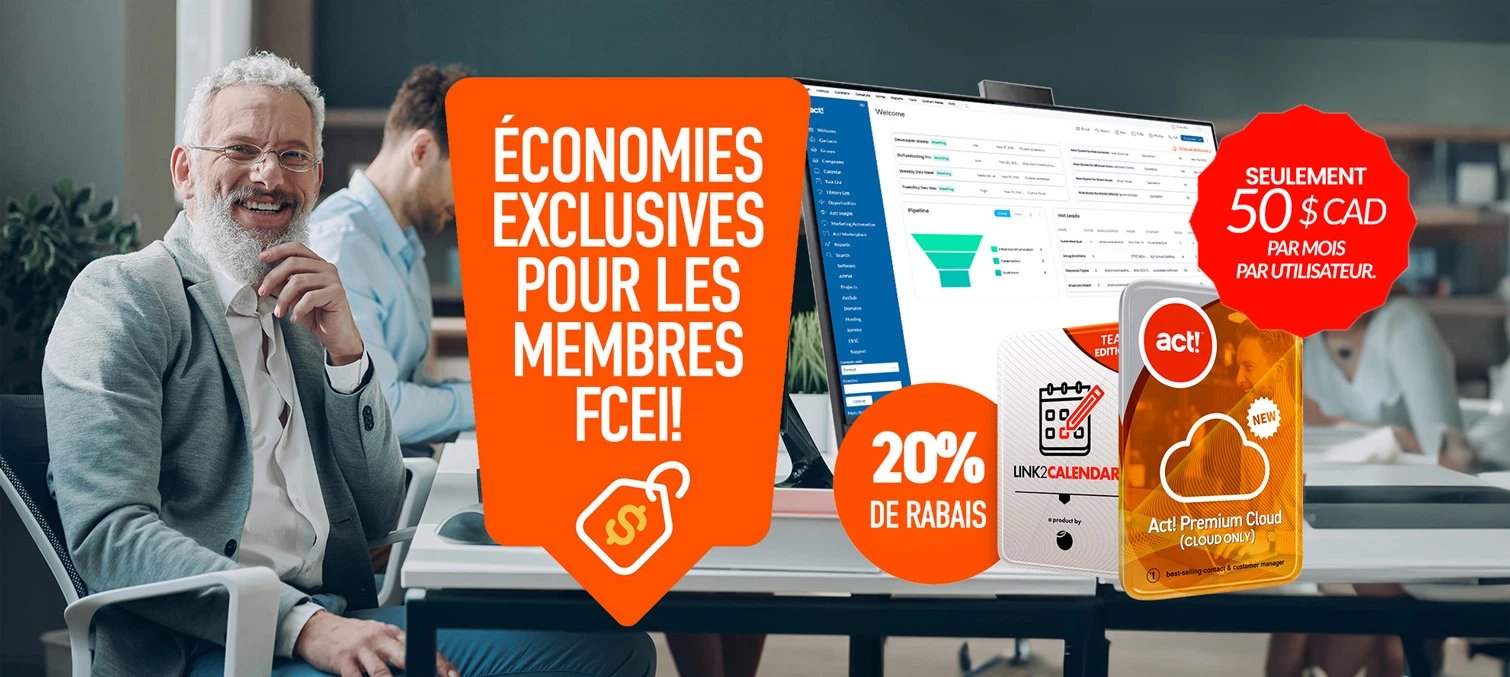 Image d'un heureux propriétaire de petite entreprise avec les mots 'Économies exclusives pour les membres de la FCEI', '20 % de rabais', 'Seulement 50 $ CAD par mois par utilisateur' et 'Link2calendar' écrits sur l'image