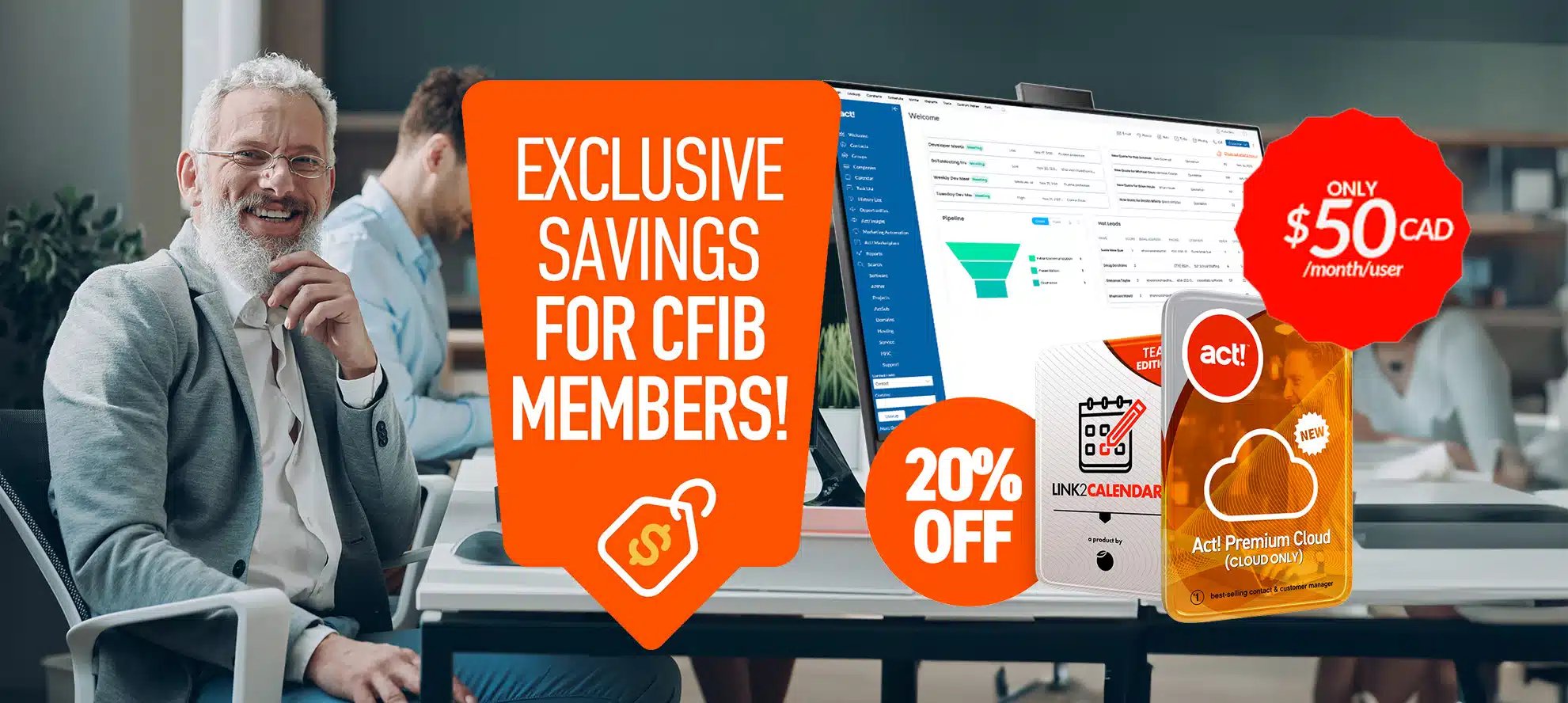 Image of a happy small business owner with the words 'Exclusive savings for CFIB members', '20% off', 'Only $50 CAD /month/user', and 'Link2calendar' written on the image