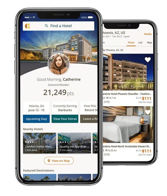 Two cellphones showing the image of the Choice Hotels app on the screen