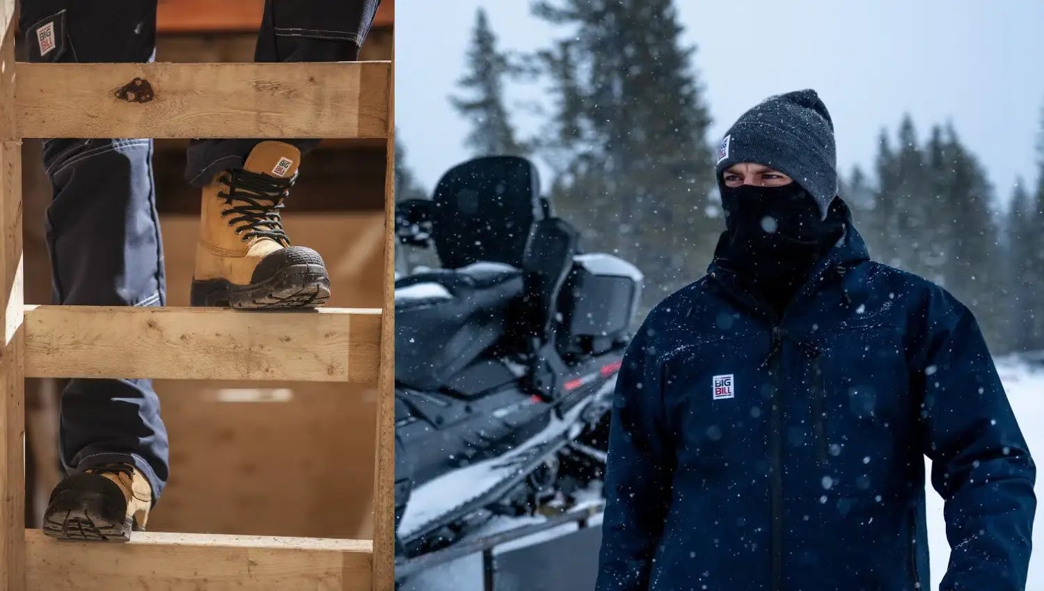 One mall business owner wearing Big Bill's boots and another one standing in front of a snowmobile wearing a Big Bill jacket