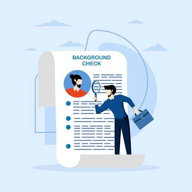 Vector illustration of a man holding a magnifying glass on a document with the word 'Background check' written on the document