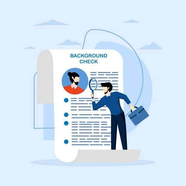 Illustration vectorielle d'un homme tenant une loupe sur un document avec le mot 'Vérification des antécédents' écrit sur le document