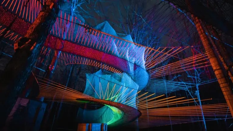 Uplå, North America’s largest outdoor trampolines, during the night