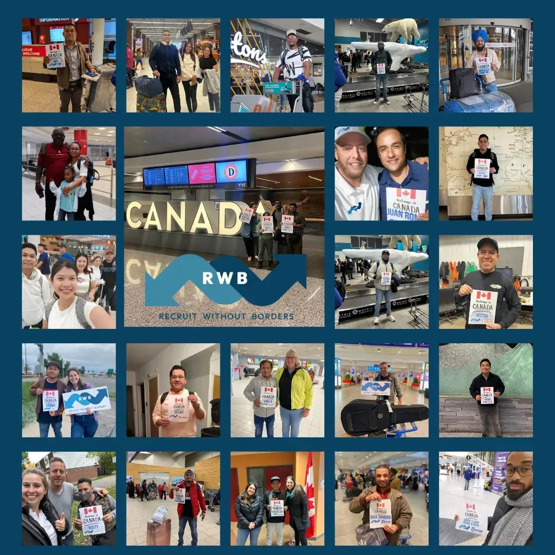 Collage of immigrants in Canada with RWB logo in the middle