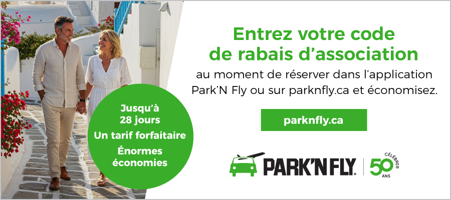 Entrez votre code de rabais d'association au moment de réserver dans l'application Park'N Fly ou sur parknfly.ca et économisez.