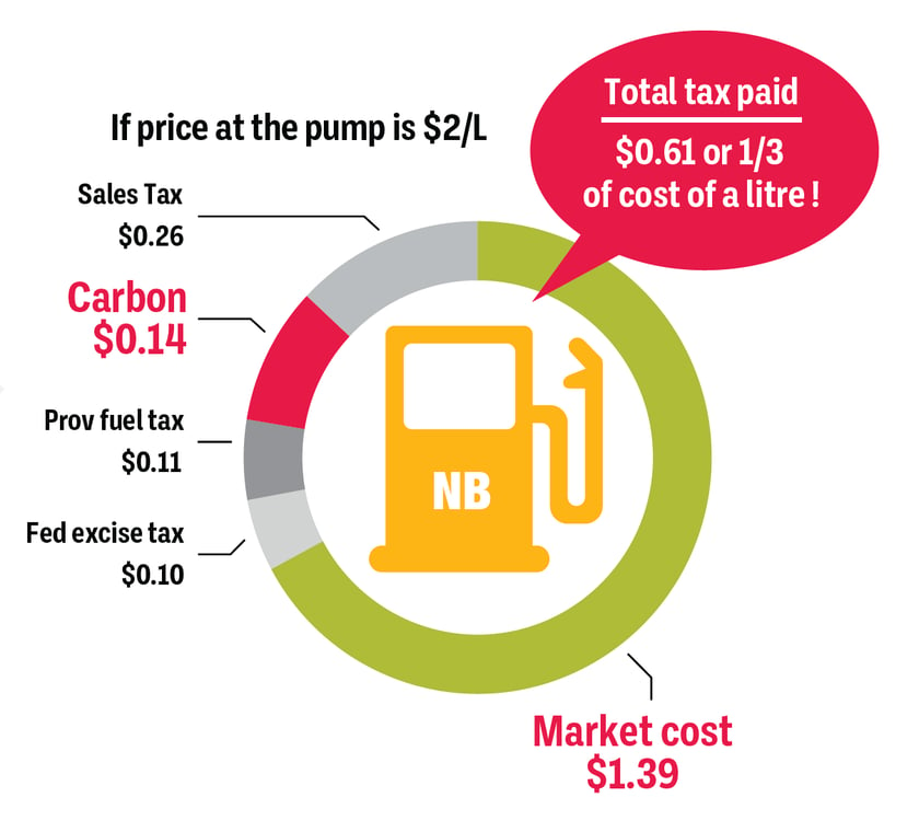 Doughnut chart showing how much tax businesses should pay if gasoline in New Brunswick is subjected to the Federal Carbon Tax in 2023