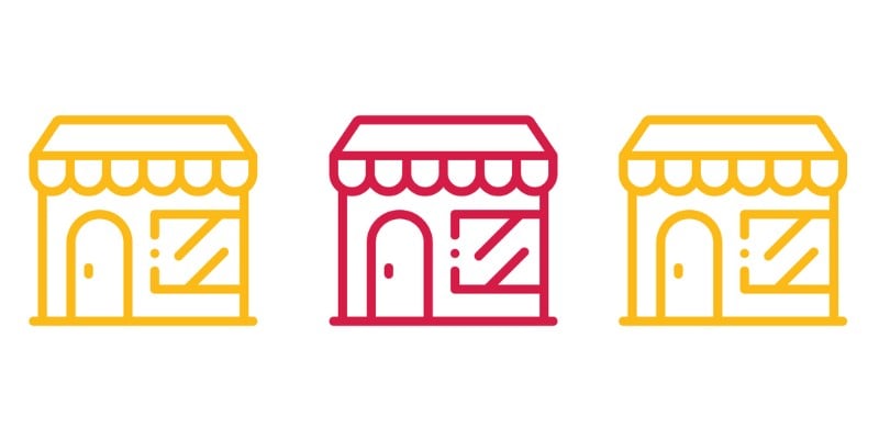 Image of three shops, two yellow, and the one in the middle, red, symbolizing the percentage of SK small business owners who cannot find the workers they need to operate at their normal level