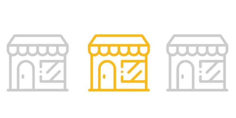 Image of three shops, two yellow, and the one in the middle, red, symbolizing the percentage of SK small business owners who cannot find the workers they need to operate at their normal level