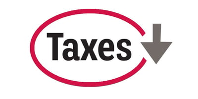 The word 'taxes' with a downward arrow symbolizing tax reduction