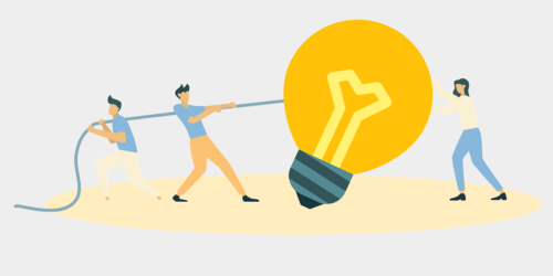 Small business owners pulling a big light bulb with ropes, symbolizing the tensions between different stakeholders in the energy market