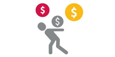Matchstick figure carrying three dollar signs symbolizing cost pressures for small businesses