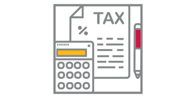 A calculator, tax documents, and a pen