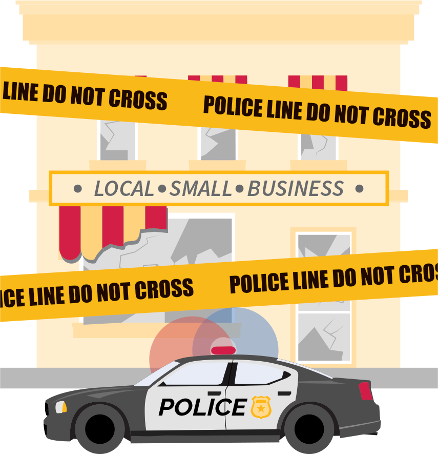 Illustration of a small business storefront damaged with broken windows, partially blocked by yellow police tape reading POLICE LINE DO NOT CROSS. A police car with flashing lights is parked in front. Text reads LOCAL SMALL BUSINESS, conveying concern about crime affecting businesses