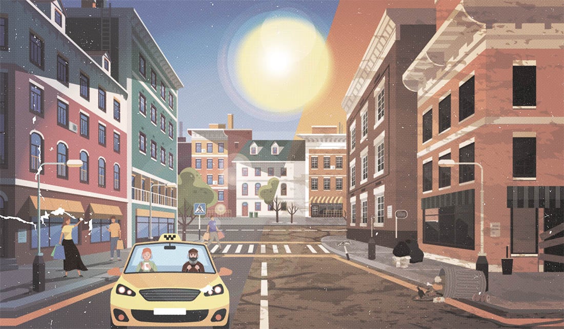 Rue commerçante illustrée avec des piétons et des entreprises sur la couverture du rapport de la FCEI portant sur le déclin de l’entrepreneuriat au Canada.