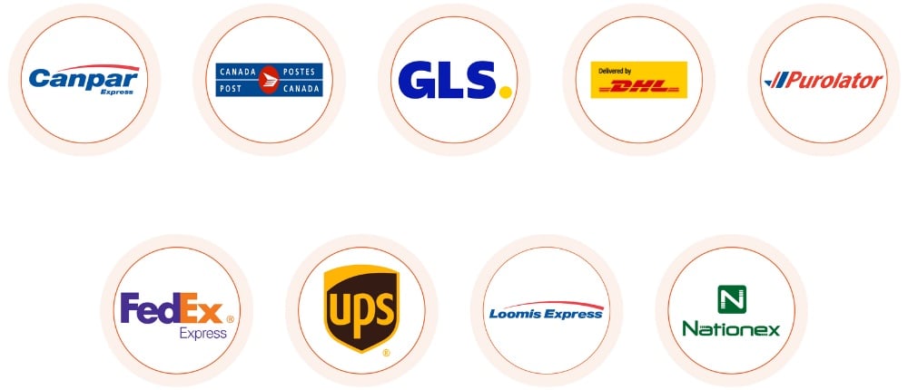 Logos of UPS®, Canada Post®, FedEx Express®, Purolator®, Canpar®, DHL®, Loomis®, GLS® and Nationex®