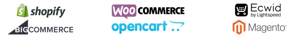 Logos of Shopify, WooCommerce, Ecwid, BigCommerce, OpenCart, and Magento