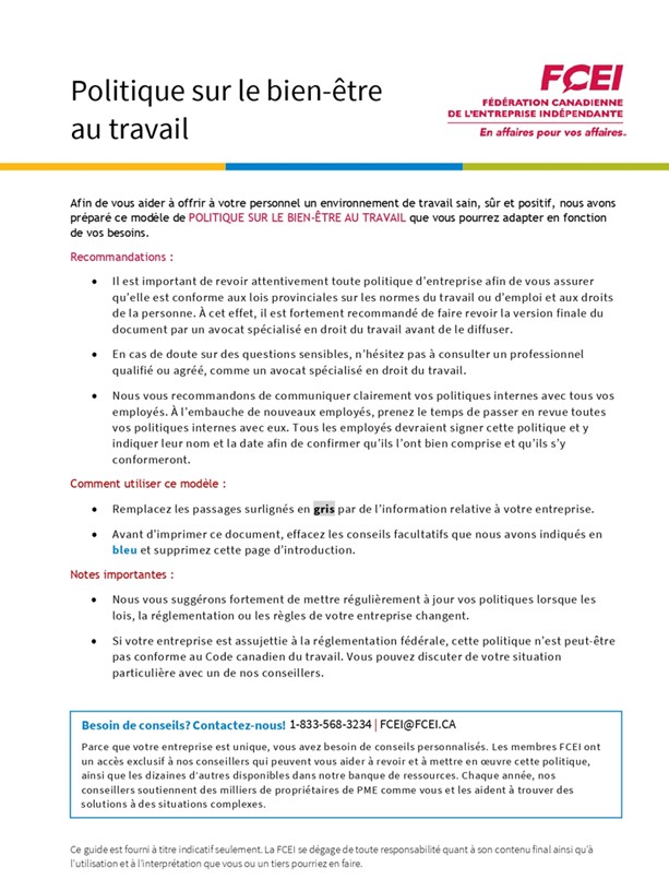 Modèle de politique sur le bien-être au travail