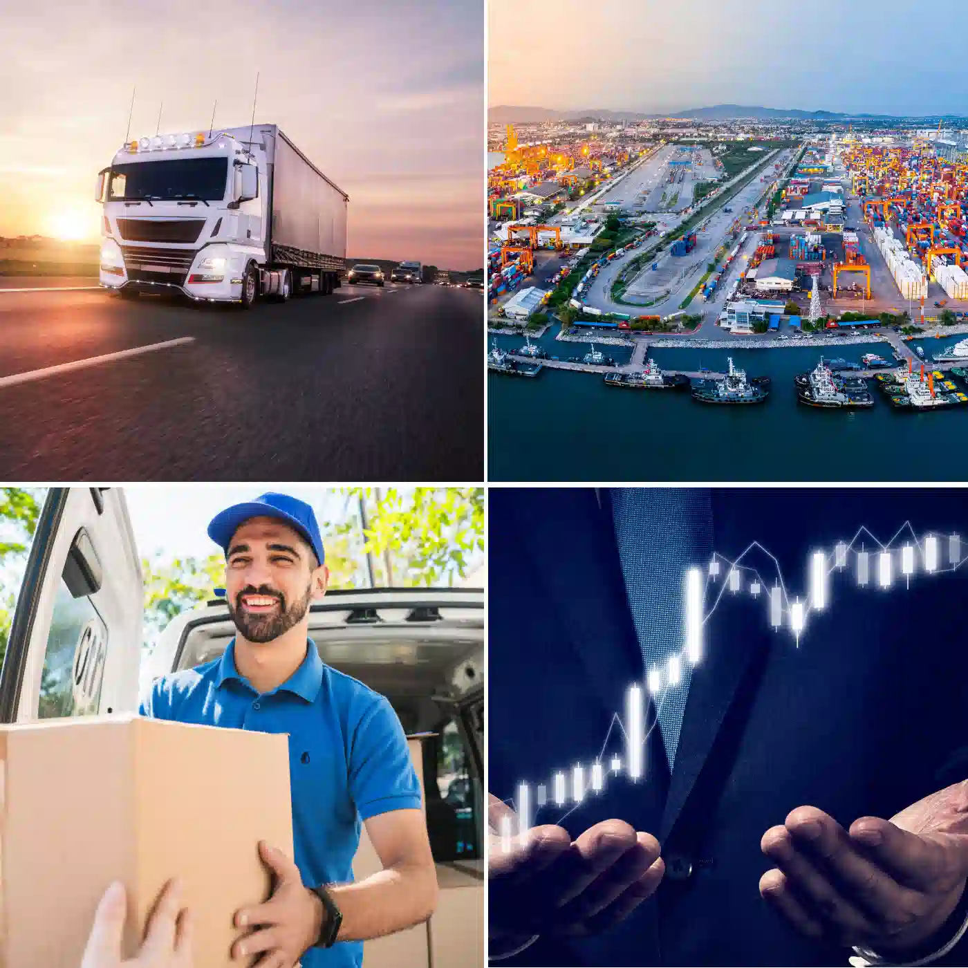 Image of 1. a truck 2. port 3. a package being delivered 4. hands holding trade time series