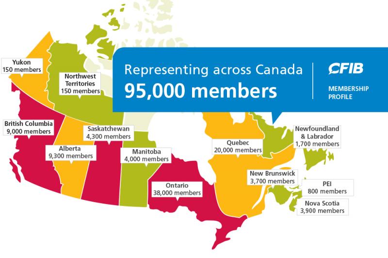 Map outlining the number of CFIB members across Canada by region