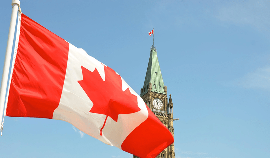 Flag blowing in the wind in front of Parliament