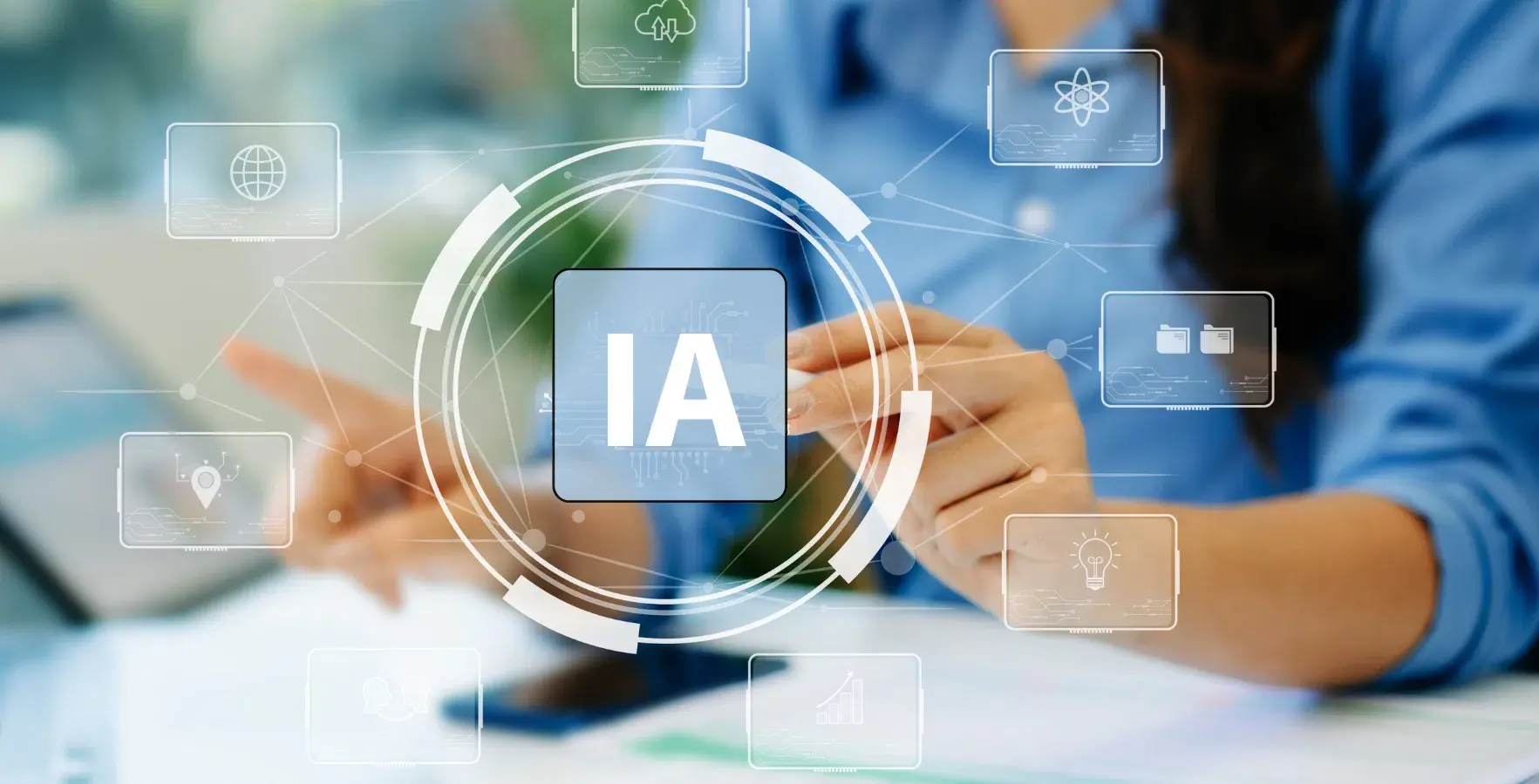 Illustration montrant une icône d’IA superposée à un ordinateur portable et une tablette en cours d’utilisation, avec des symboles d’interface numérique représentant les données, l’automatisation et des outils d’affaires.