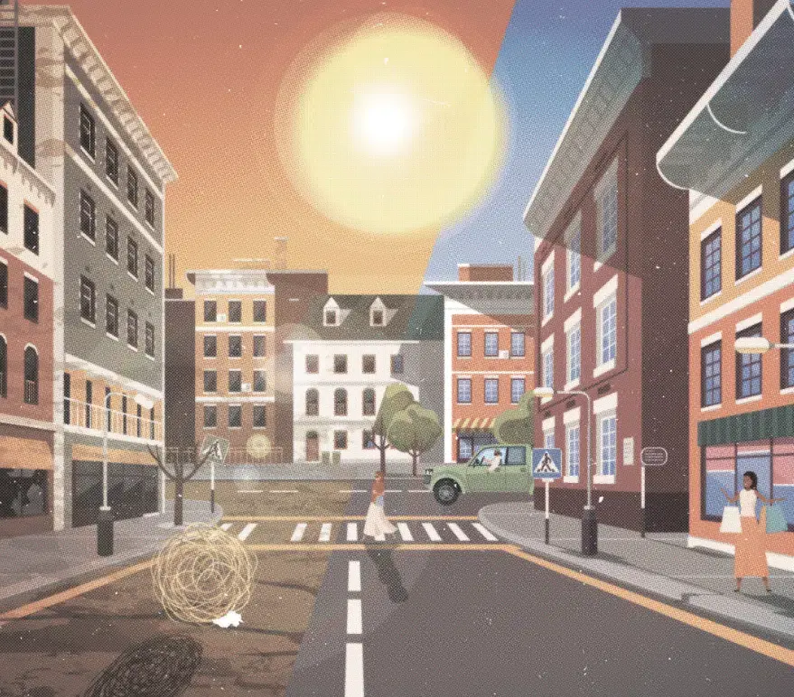 Illustration d’une rue urbaine divisée en deux : un côté sec et désert, l’autre animé avec des commerces ouverts et des piétons, illustrant la sécheresse entrepreneuriale par opposition à la croissance au Canada.