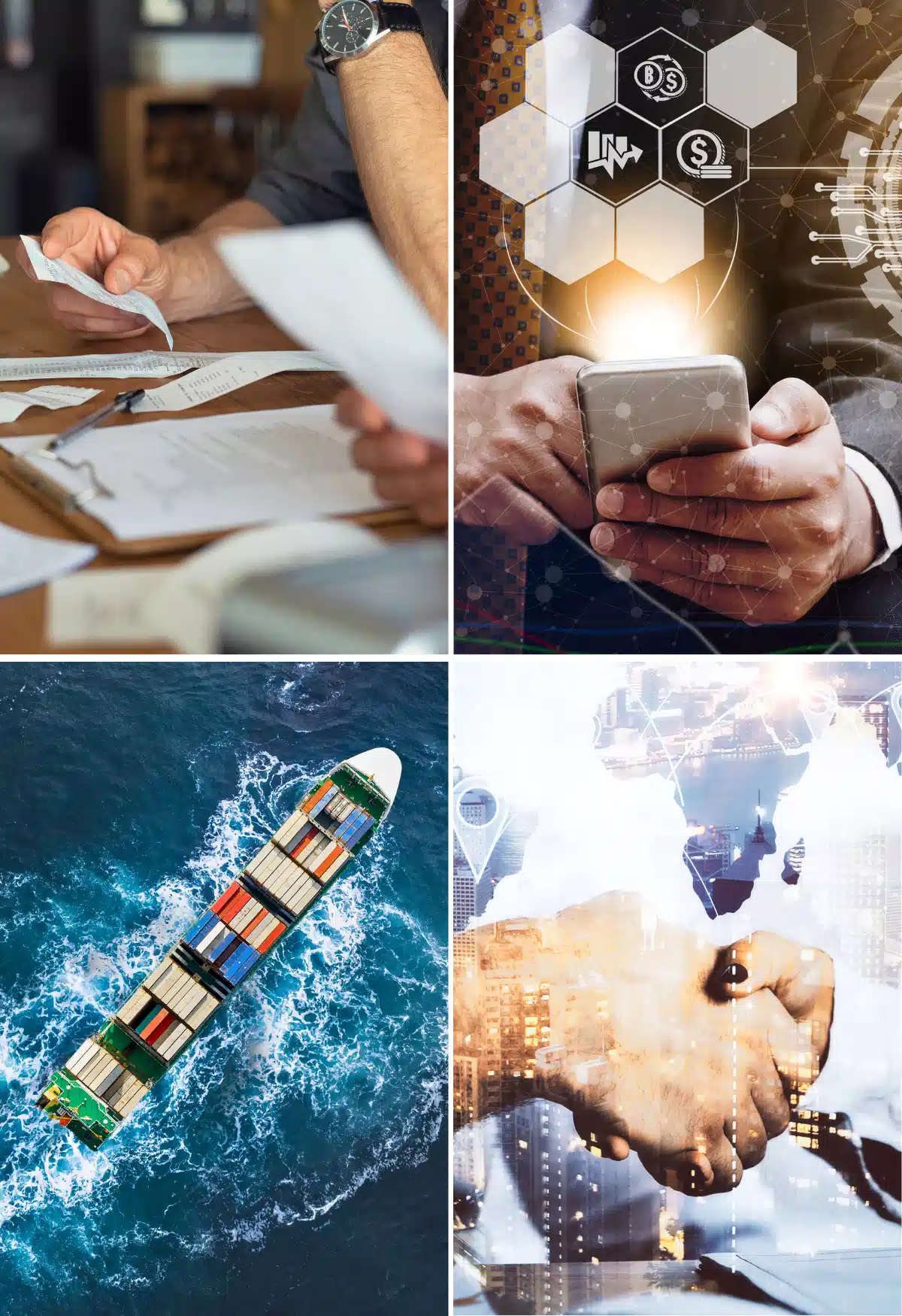 Four images showing scenes from international trade and small business
