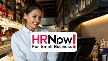 Image of a small business owner in her shop with the words 'HRNow for small business' written on top of the image
