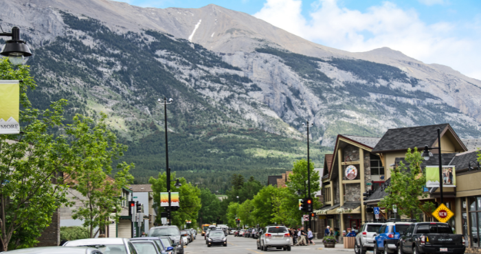 Small town with local businesses in Alberta