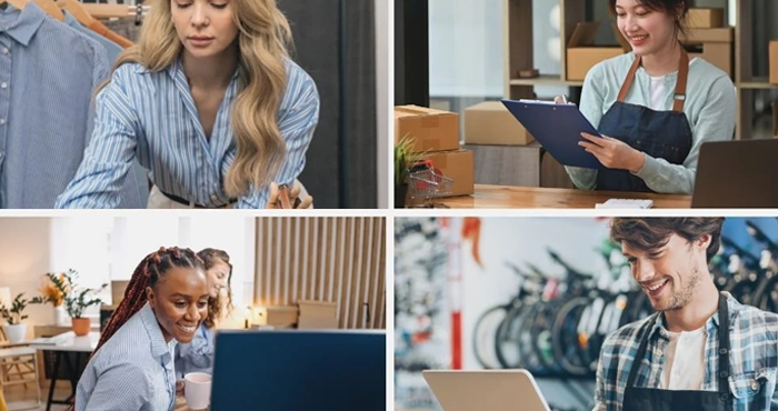 multiple examples of business owners doing work at their respective jobs
