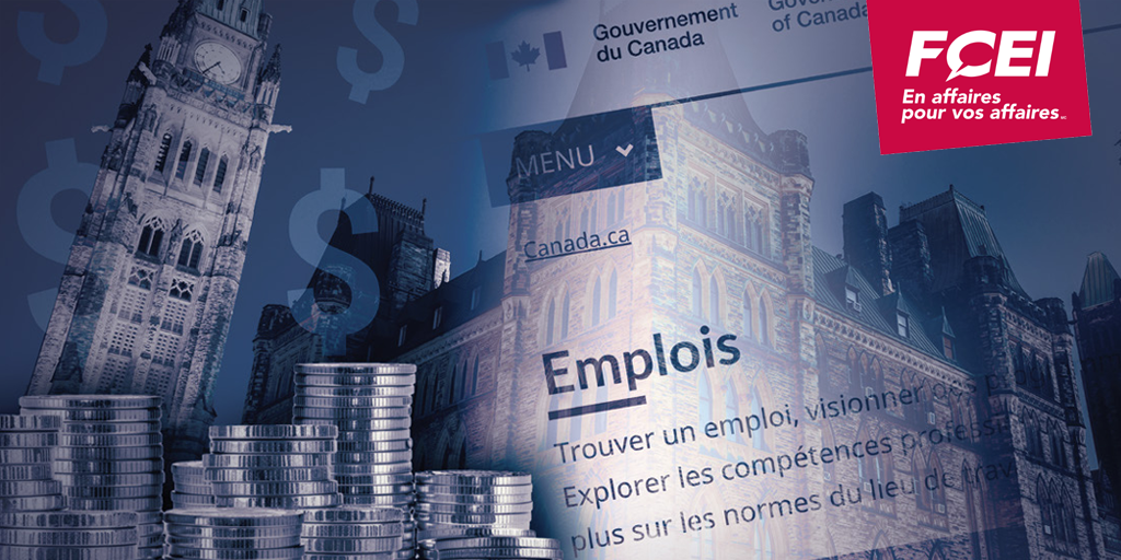 Des édifices gouvernementaux canadiens, des piles de pièces et un site Web gouvernemental illustrant les dépenses publiques et les services aux PME.