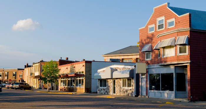 Small downtown main street with local shops in prairies