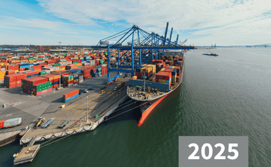 Aerial view of a container port with a cargo ship docked, blue cranes loading colourful shipping containers, and the year 2025 shown in the corner.