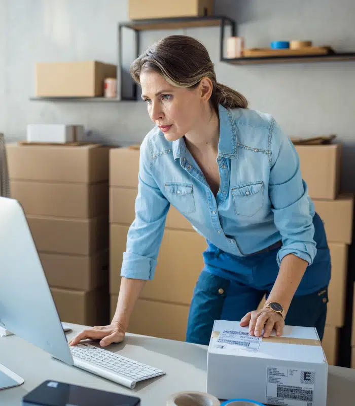 Small business owner checking her costs on her desktop