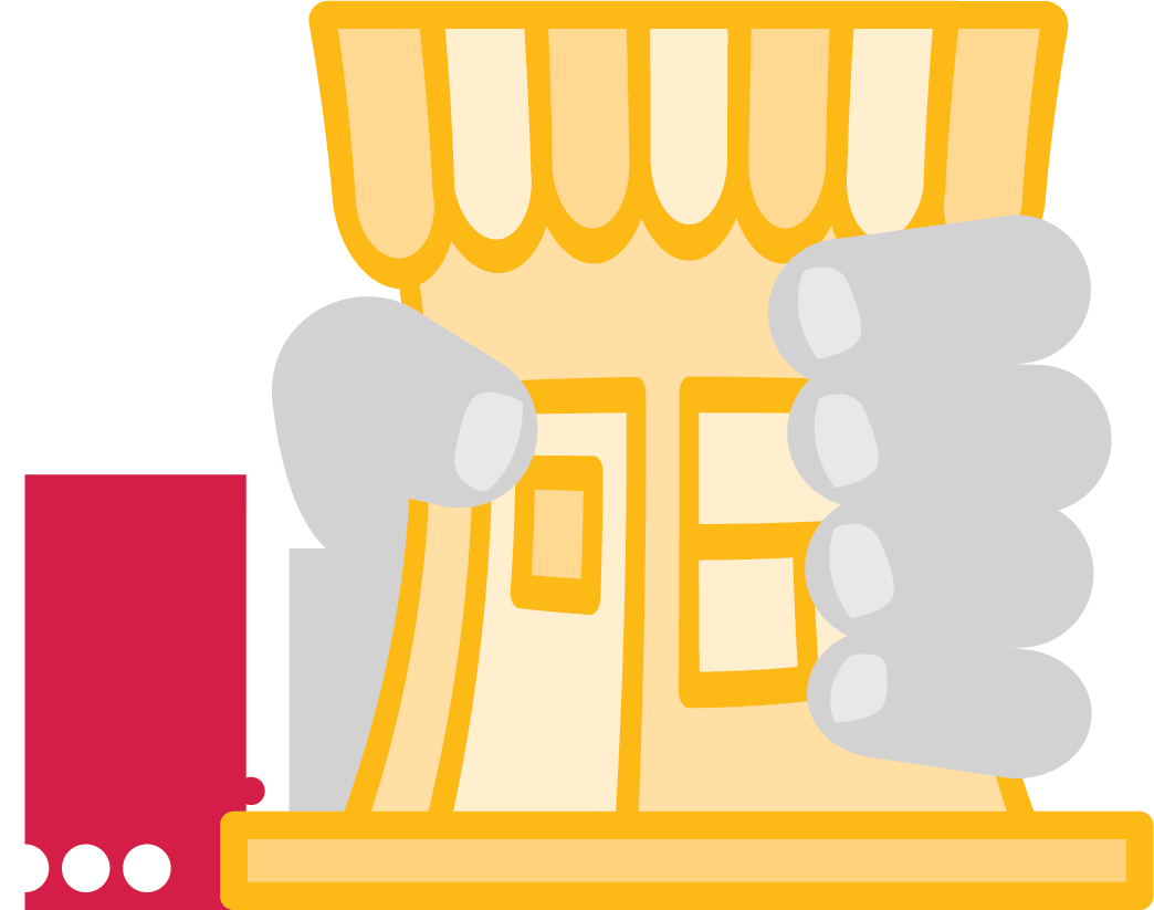 An illustration showing a stylized small storefront being tightly gripped on both sides by large grey hands. A red vertical block with three white dots appears on the left side of the image, reinforcing the message about pressure on small businesses.