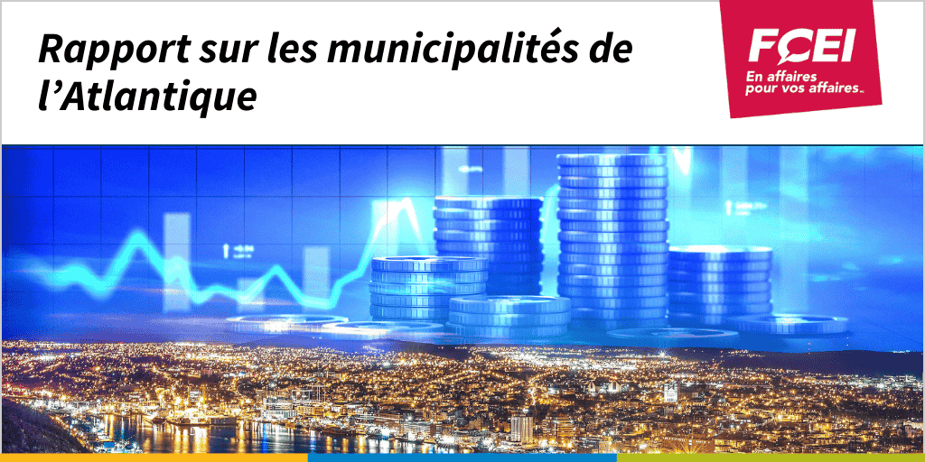 Rapport sur les municipalités de l’Atlantique, image de pièces de monnaie superposées sur une ville et logo de la FCEI