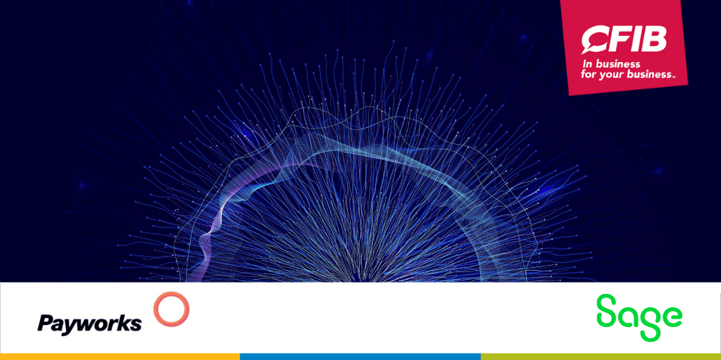 Neural networks on blue background and CFIB, Payworks and Sage logos
