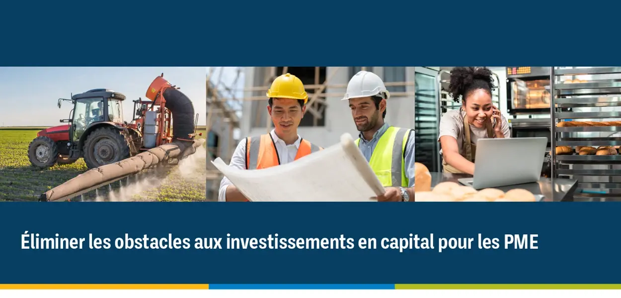 Tracteur agricole dans un champ, travailleurs de la construction examinant des plans et propriétaire de petite entreprise à un ordinateur, représentant les investissements en capital et les possibilités de croissance pour les PME.