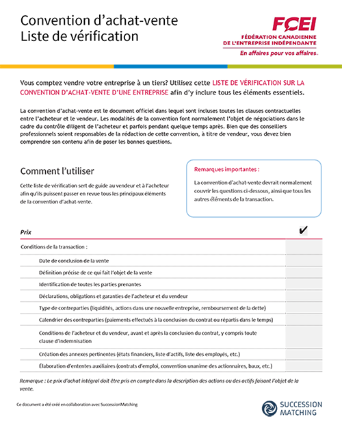 Liste de vérification - Convention d’achat-vente