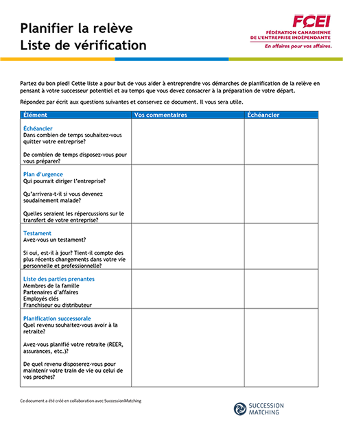 Liste de vérification – Planifier la relève